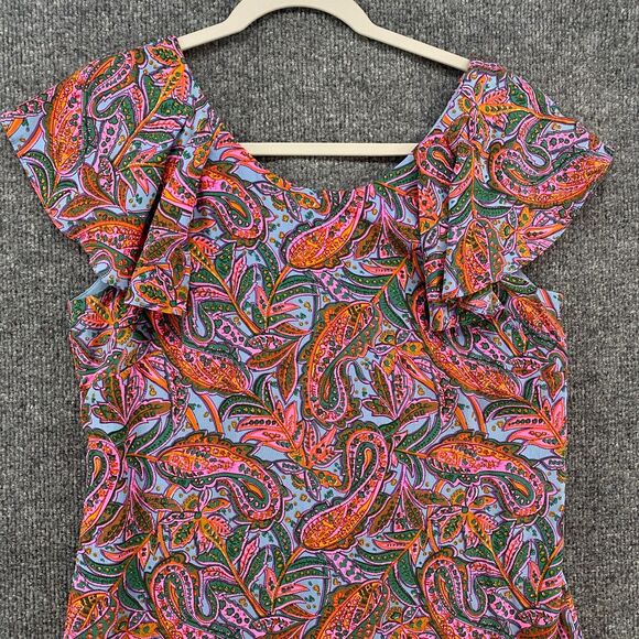 J Crew Dress Size 4 100% Silk Pink Blue Paisley Shift Ruffle Feminine Chic‎ Boho - Picture 2 of 11